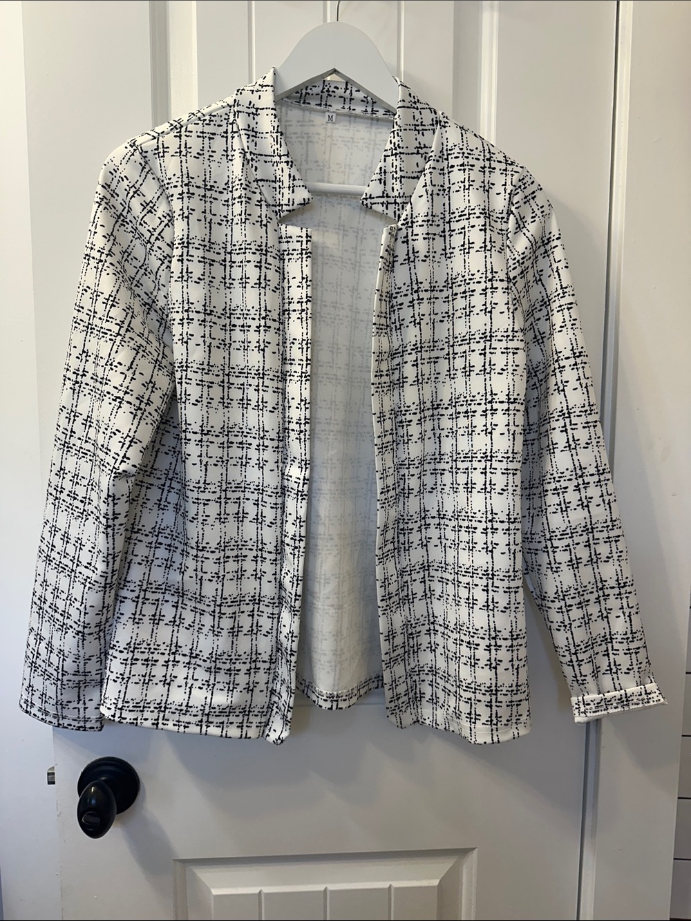 Women's White & Black Plaid Open Jacket
